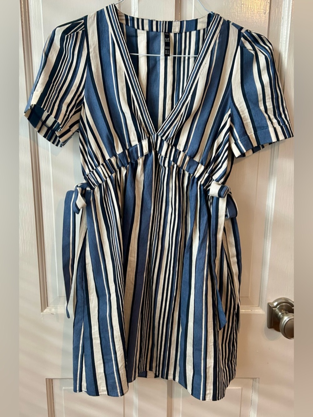 Zara Trafaluc Striped Cotton Linen Blend Deep V-neck Puff Sleeve Tunic Dress S